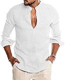 LecGee Men's Cotton Linen Henley Shirt Long Sleeve Casual T-Shirt Beach Yoga Tops White