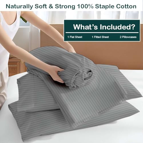 Image of NON Sticky cotton Premium 4 Piece Egyptian Cotton Fitted King Sheet Set, Hotel Quality Soft Breathable Bedding Sheets, 15 inch Deep Pocket, 78 inch X 80 inch, Light Grey Stripe