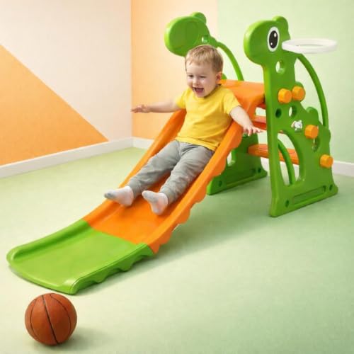 Image of Storio Giraffe Slide for Kids with Basketball Hoop | Indoor Outdoor Toddler Climber Playset for 2+ Years | Safe & Sturdy Plastic Garden Slide Toy for Boys & Girls - Green Orange