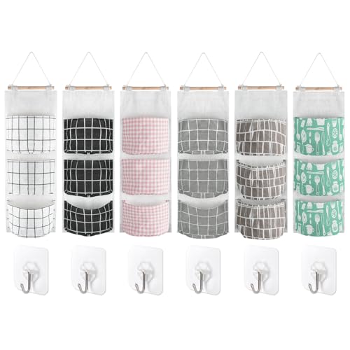 Chostky Lot de 6 sacs de rangement à suspendre au mur - 3 poches étanches sur la porte - En lin - Avec 6 crochets - Pour chambre à coucher, salle de bain,...