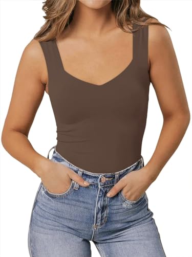PINKMSTYLE Women's Casual Square Neck Double Lined Tank Tops Summer Sleeveless Tops Espresso Medium — view 4