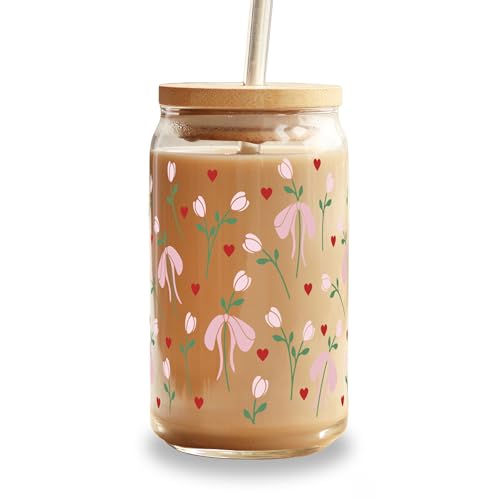 16 oz Glass Cup with Tulips & Bows