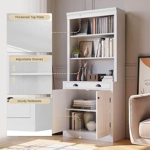 GarveeHome 71" Tall Bookshelf and Bookcase with Drawer, 5-Tier White Bookshelf with Doors, Adjustment Shelf, Wood Bookshelves Storage Cabinets for Home Office, Living Room, White, Set of 2