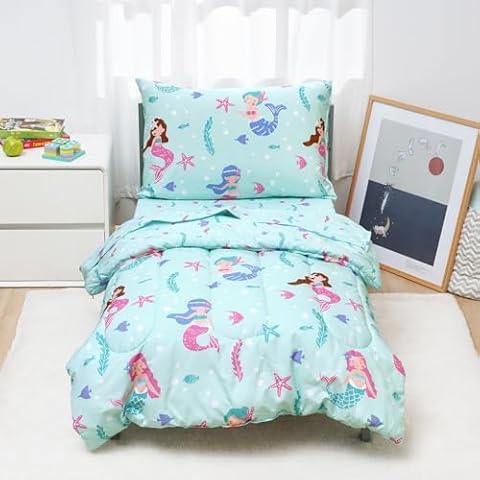 david's kids 4 Piece Toddler Bedding Set - Soft Breathable Toddler Bedding Set for Boys Girls, Includes Quilted Comforter, Flat Sheet, Fitted Sheet and Pillowcase, Mermaid Cover