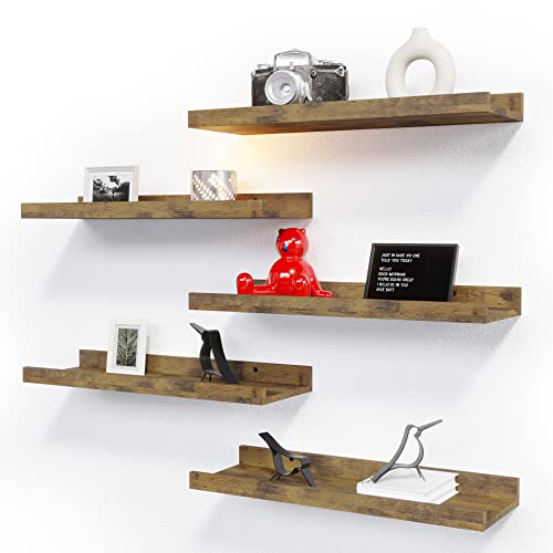 Richer House 5 Set Floating Shelves For Wall Decor, Wall Mounted Book Shelf, Nursery Shelves Picture Ledge Shelf With Lip For Wall Storage, Bedroom, Living Room, Bathroom - Brown #TOP23