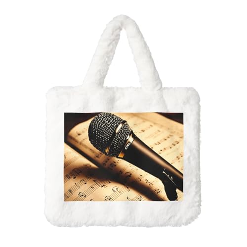 Borsa a mano in peluche con stampa di note musicali con microfono e note musicali, borsa tote da donna morbida borsa per lo shopping, bianca, taglia unica, Bianco, One Size