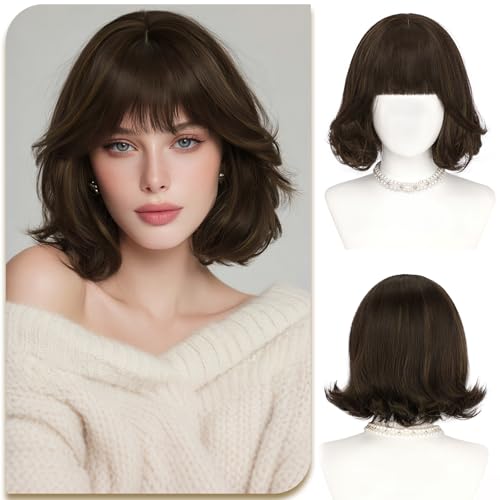Sofeiyan Perruque Bob avec Frange pour Femme,30 cm Brun Châtain avec Mèches Perruque Courte...