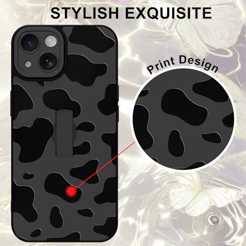 Image of for iPhone 15 Case with Finger Strap Holder, Cute Cool Cow Print Pattern Design for Women Men, Shockproof Anti Scratch Hand Kickstand Protective Cover, Gray
