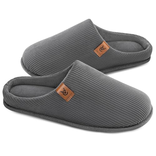 VeraCosy Herren Cord Pantoffeln gemütlich Anti-Rutsch-Gedächtnisschaum Hausschuhe mit Koralle Fleece-Futter Cooles Grau,42-43 EU