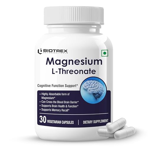 Biotrex Nutraceuticals Magnesium L Threonate 2000mg Per Serving | Better sleep, Cognitive Support & Quick Thinking | Brain & Memory Function | Most Bioavailable Form of Magnesium | 30 Vegetarian Capsules