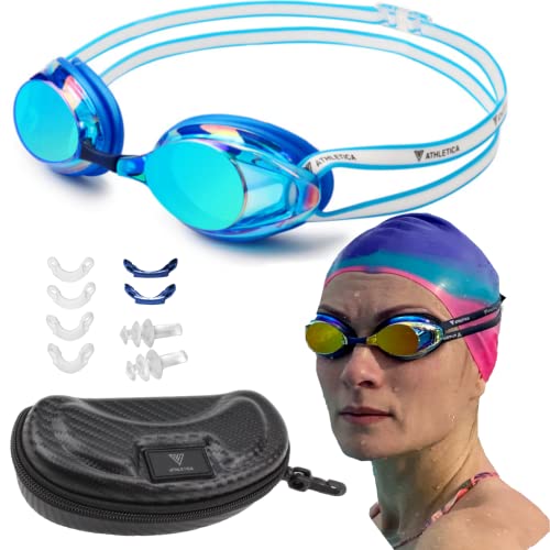 V ATHLETICA Unisex Adult and Youth Anti-Fog Swim Goggles and Case for Men, Women, Boys, Girls - Blue