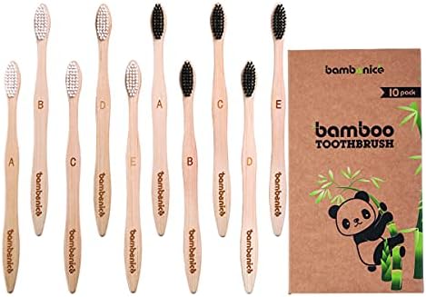 bambonice Natural Bamboo Toothbrushes (10 Pack) for Adult or Big Kids - Soft + Organic