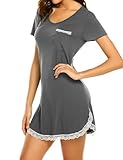 Ekouaer Nachthemd Damen Sexy Nachtwäsche Kurzarm Nachtkleid Kurz Sleepwear Sommer Einfarbig Nachthemden, Dunkelgrau, XL