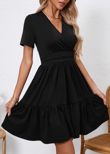 Image of Women's Casual Summer Dress V Neck Short Sleeve Flowy Stretchy Comfort Fit for Daily Wear Work Midi Dresses