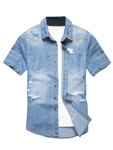Floerns Men's Causal Ripped Button Front Dual Pocket Short Sleeve Denim Shirt Without Tee