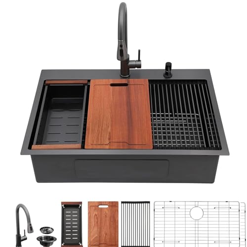 Lordear Black Kitchen Sink With Faucet Combo 33 Inch Drop In Kitchen Sink Workstation Gunmetal Black 16 Gauge Stainless Steel Single Bowl Topmount Kitchen Sinks with Pull-out Faucet
