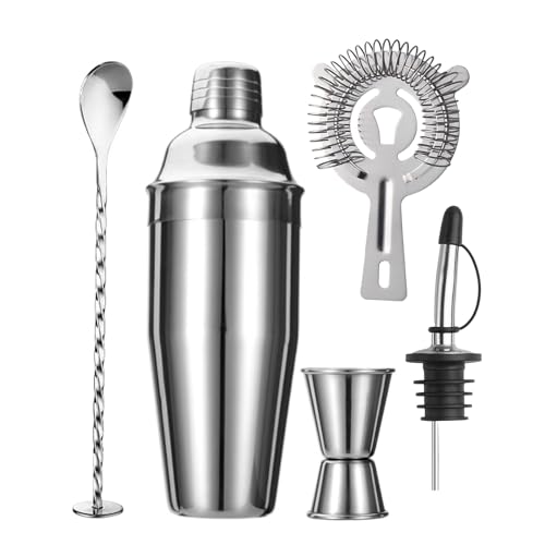 ZPUFAW 5-Piece Cocktail Shaker Set 24oz Shaker Strainer Jigger T-Mixing Spoon Pour Spout Bartender Kit Stainless Steel Bar Set Housewarming Gift