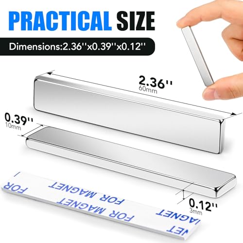 Image of MIKEDE Heavy Duty 12 Pack Rare Earth Neodymium Magnets N42 High Power Strong,with Double-Sided Adhesive, Powerful Bar Magnets for Fridge, Garage, Kitchen - 2.36 x 0.39 x 0.12in