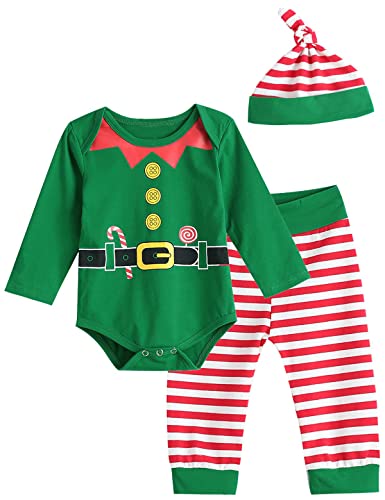 Aslaylme Baby Boy Christmas Outfit Newborn Xmas Clothes Elf Bodysuit (Green,0-3 Months)