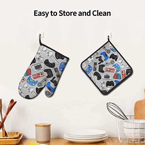 Oplp Video Game Controller Grey Background Colorful Gamepad Oven Mitts And Pot Holders Heat Resistant Oven Mitts Safe For Baking Cooking Bbq #TOP5