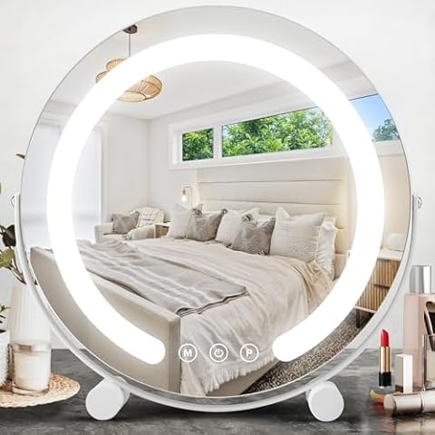 ALHAKIN 13 inch Vanity Mirror with Lights, LED Makeup Mirror with Lights, Smart Touch Control 3 Colors Dimmable Round Lighted Makeup Mirror for Bedroom Tabletop (White) Cover