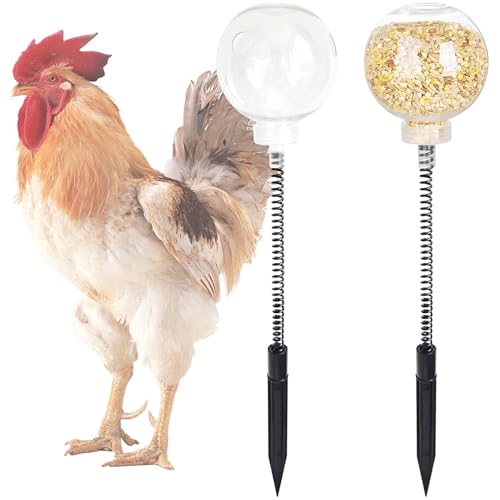 Juguetes de enriquecimiento de pollo, 2pcs juguetes de pollo para cooperativa, enriquecimiento de 15.8 pulgadas con bola porosa y primavera y enchufe, dispensador de trato de pato para gallinas, aves