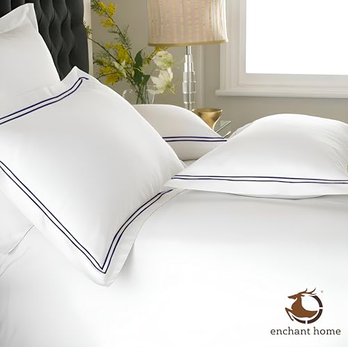 Image of Pure Cotton 500 TC Solid Pillow Cover Set | Greek Embroidered Pillow Cover Set | Percale Weave | 18 X 27 Inches (2, White - Navy Blue)