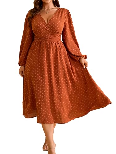 RWJ Women's Plus Size Fall Wedding Guest Dress Wrap V Neck Swiss Dot Lantern Long Sleeve Swing Boho Casual Dresses Burnt Orange XX-Large