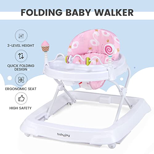 BABY JOY Baby Walker, Foldable Activity Walker with Adjustable Height, Large Tray & Removable Toys, Baby Walker with Wheels for Boys Girls 6-18 Months (Pink, Swan Pattern)
