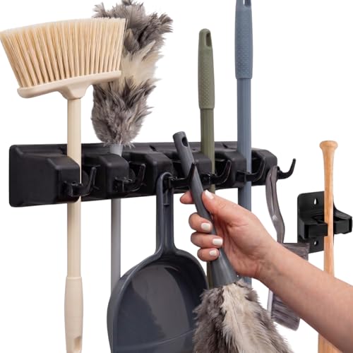 Image of Combo 5 Slot Broom Holder w / 1 Self Adhesive Mop Gripper No-Drilling, Wall Mount Tool Organizers For Kitchen, Garage, Laundry Room- Anti-Slip Hanger For Brooms, Mops, Rakes, Dustpans (Black / Black)