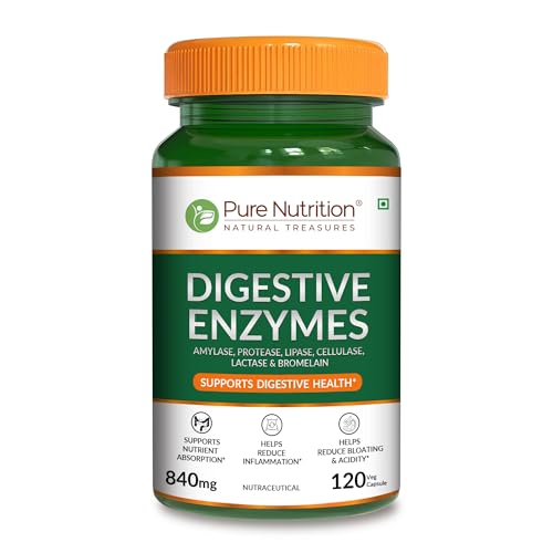 Image of Pure Nutrition Digestive Enzymes 840mg with Bromelain - 120 Veg Capsules | Supports Digestion, Nutrient Absorption & Gut Health | Blend of Amylase, Lipase, Protease, Cellulase | Eases Gas & Bloating