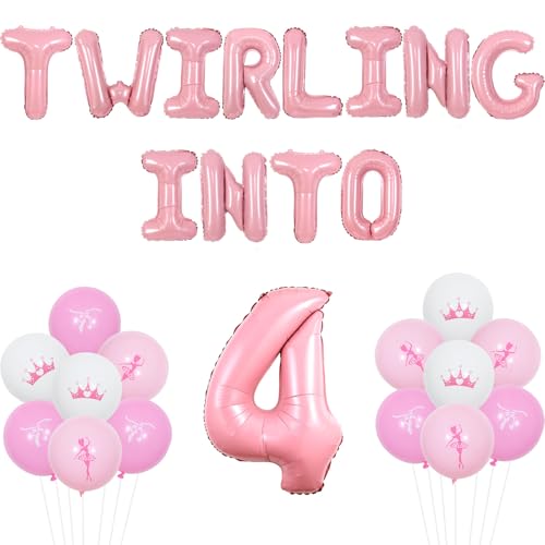 Wonmelody Tutu Cute Birthday Decorations Ballerina 4th Birthday Party Decorations Twirling Into 4 Balloon Banner Pink White Ballet Slipper Balloons Tutu Dance Party Supplies for Girls 4th Celebration