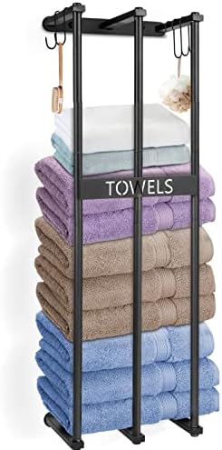 KOCWELL Towel Racks for Bathroom Wall Mounted, 3 Bar Bathroom Towel Holder with Extra 4 Suction Cups and 5 Hooks, Bathroom Towel Storage, Metal Bath Towel Holder for Large Towel Washcloths, Black