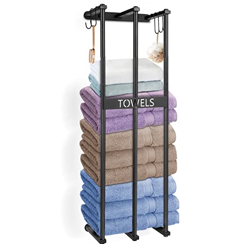 Kocwell Towel Racks For Bathroom Wall Mounted, 3 Bar Bathroom Towel Holder With Extra 4 Suction Cups And 5 Hooks, Bathroom Towel Storage, Metal Bath Towel Holder For Large Towel Washcloths, Black #TOP30
