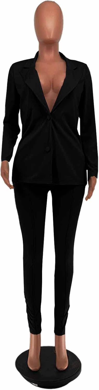 Women's 2 Piece Outfit Deep V Long Sleeve Solid Color Blazer with Pants Elegant Business Suit Sets - Image 3