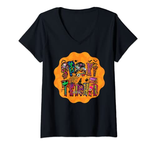 Womens Spooky Teacher Halloween Back to School Kindergarten Creepy V-Neck T-Shirt