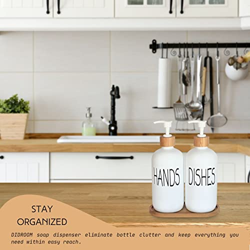 Image of Glass Soap Dispenser Set. Hand Soap and Dish Soap Dispenser with Bamboo Tray. Vintage Soap Dispenser with Pump for Kitchen Sink and Bathroom. Stylish Permanent Labels (Matte White)