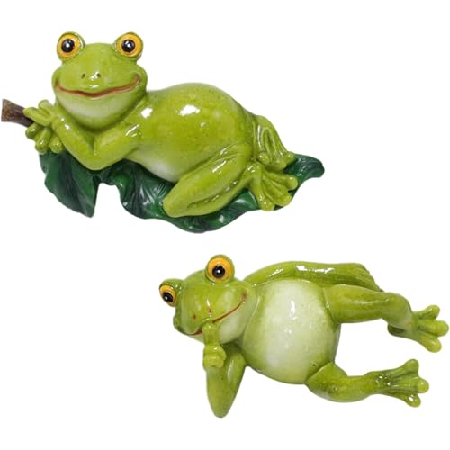 Decorazione da giardino a di rana, 2 sculture in miniatura a di rana, graziose statuette di animali da esterno 9 x 5,4 cm, per terrazza, cortile, prato e accessori da giardino, verde