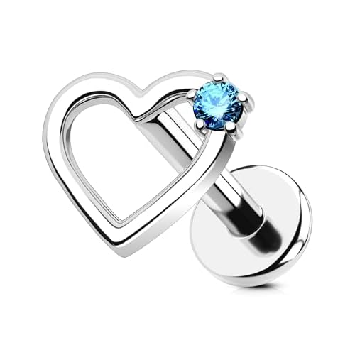 OUFER Heart Helix Earrings, G23 Solid Titanium Flat Back Stud Earrings 16G Internally Threaded Dainty Helix Cartilage Tragus Piercing Jewelry for Women Men Blue 16g 6mm