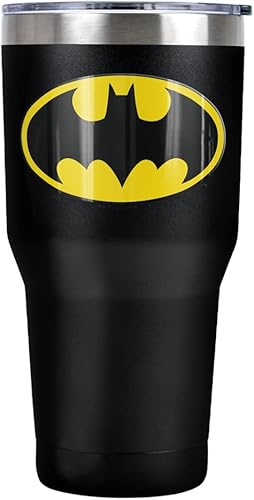 LOGOVISION Batman Classic Logo - Vaso de acero inoxidable de 30 onzas, taza de viaje para café, con aislamiento al vacío y doble pared con tapa