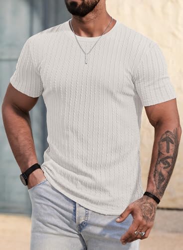 Men Textured Knit T-Shirts Casual Stretch Ribbed Short Sleeve Shirt (S-XXL)2