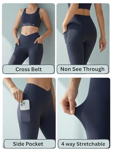 Image of BLINKIN Flared Gym Pants for Women Workout - Gym Tights Leggings with Crossover Belt | Workout Lowers | Trackpants |Gym Lower| Flare Yoga Pant for Woman with Side Pocket (4047)