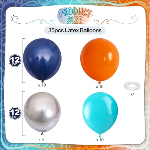 Image of Blue Orange Balloons, 12 Inch Teal Navy Bule Balloons with Metallic Silver Balloon for Kids Boys Girls Birthday Thanksgiving Fall Graduation Basketball Outer Space Astronaut Theme Party Decorations