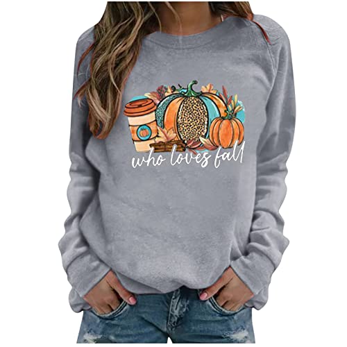 Blusa feminina de manga comprida com estampa de abóbora e café de Ação de Graças com gola redonda de