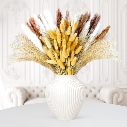 Fettwal 60 Stück Pampasgras Getrocknet, Natürliche Pampasgras Trockenblumen Deko, 4 Typen Pflanzen, Hasenschwanzgras, Schilfgras, weißes Schilf, Deko für Boho, Wohnzimmer, Schlafzimmer, Tischdeko