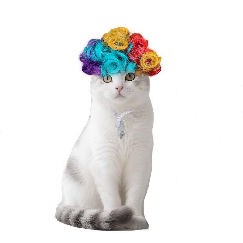 Funny Pet Wigs and Chain Necklace Set for Cats Dogs Long Blonde Wave Wig Judge Cosplay Costume Accessories for Halloween Christmas Party Dress Up (Colorful Curly)