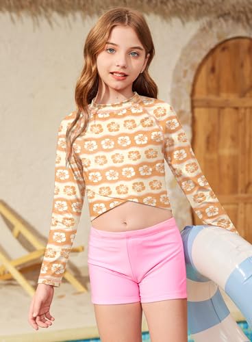 Image of BesserBay Girls Rash Guard UPF 50+ Long Sleeve Mock Neck Crossover Hem Swim Crop Top 4-14 Years