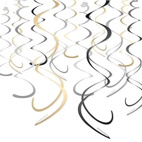 Image of HonuGoGo 48-Piece Paper Swirl Party Decorations for Ceiling, Black Gold Silver Satin-Look Single & Double Hanging Spirals, for Graduation, Birthday, Wedding, New Year, Bachelorette, Corporate Events