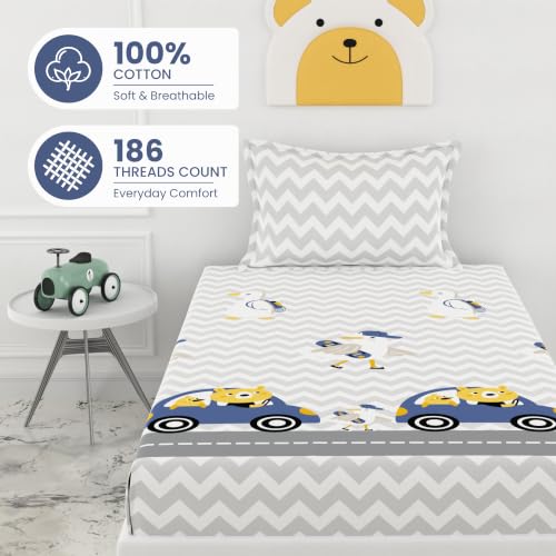 Image of LORETO - A QUALITY LINEN BRAND 186 TC 100% Pure Cotton Single Fitted Bedsheet with 1 Pillow Cover for 78 x 36 Inch Mattress, All-Around Elastic, 8 Inch Deep Pocket, Car Ride