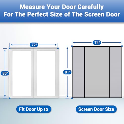 Image of 74 inch x 81 inch Extra Large Fiberglass Magnetic Screen Door for Sliding Doors | Heavy Duty Double Opening Mesh, Strong Magnets, Ideal for Large Openings, Patio & Sliding Doors, Gray